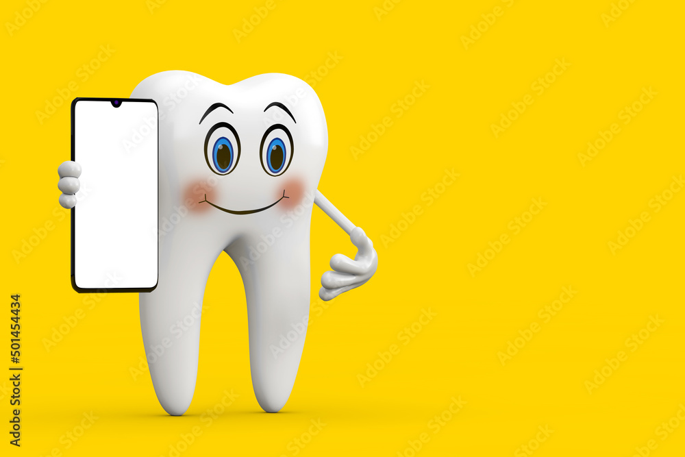 Poster White Tooth Person Character Mascot and Modern Mobile Phone with Blank Screen for Your Design. 3d Rendering