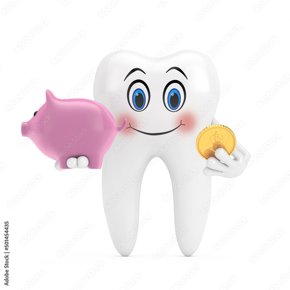 Poster white tooth person character mascot with piggy bank and golden dollar coin. 3d rendering