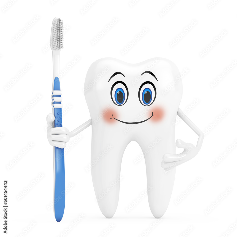 Aufkleber white tooth person character mascot with simple plastic toothbrush. 3d rendering