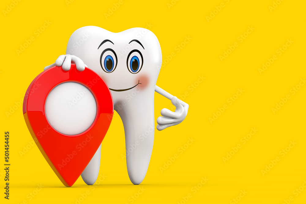 Poster white tooth person character mascot with red map pointer target pin. 3d rendering