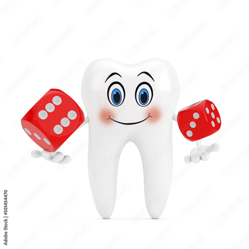 Leinwandbilder white tooth person character mascot with red game dice cubes in flight. 3d rendering