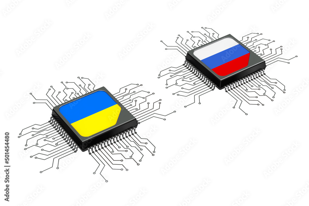 Aufkleber Hybrid and Cyber War Concept. Microchip CPU Processors with Circuit and Ukraine and Russia Flags. 3d Rendering