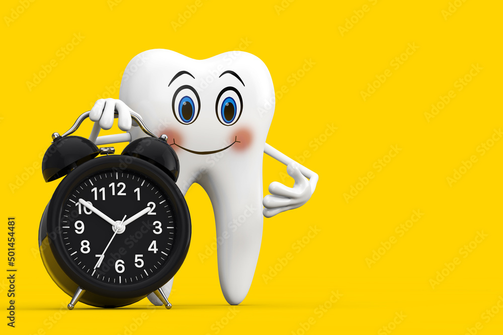 Poster white tooth person character mascot with alarm clock. 3d rendering