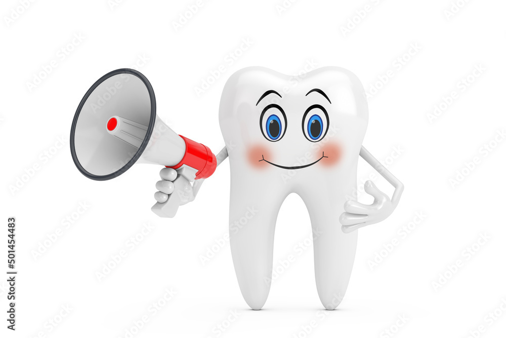 Poster white tooth person character mascot with red retro megaphone. 3d rendering