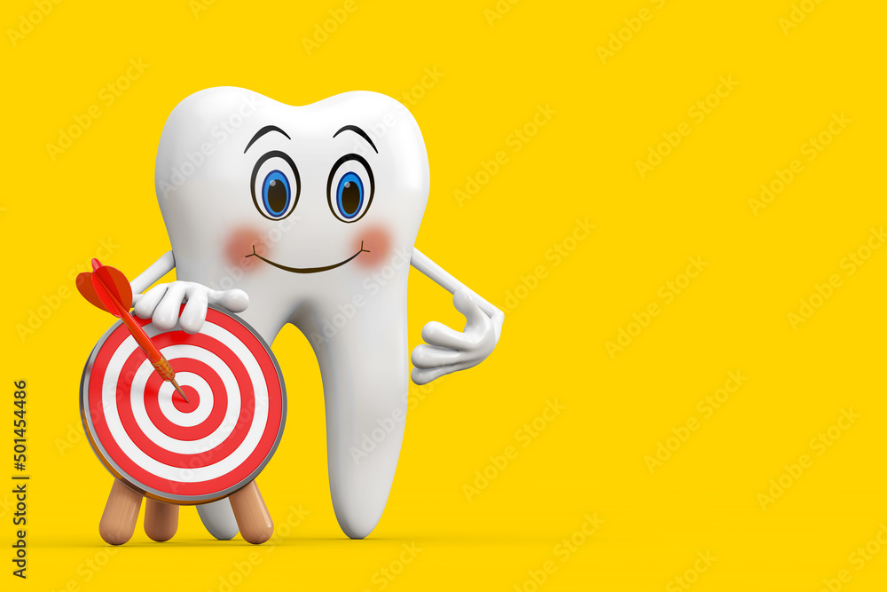 Fototapete white tooth person character mascot with archery target and dart in center. 3d rendering