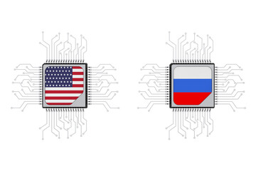 Hybrid and Cyber War Concept. Microchip CPU Processors with Circuit and USA and Russia Flags. 3d Rendering