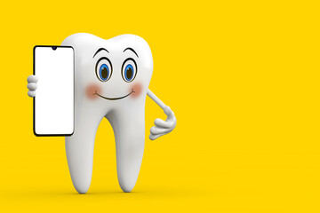 White Tooth Person Character Mascot and Modern Mobile Phone with Blank Screen for Your Design. 3d Rendering