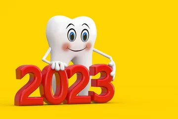 Fotobehang White Tooth Person Character Mascot with Red 2023 New Year Sign. 3d Rendering © doomu