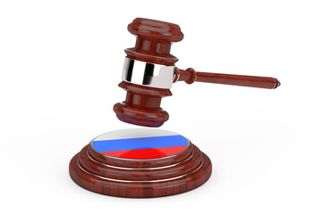 Red Wooden Justice Gavel with Russian Flag on Sound Block. 3d Rendering