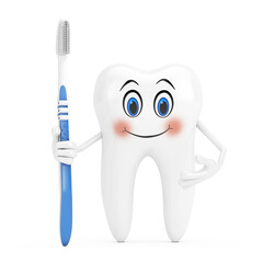 White Tooth Person Character Mascot with  Simple Plastic Toothbrush. 3d Rendering