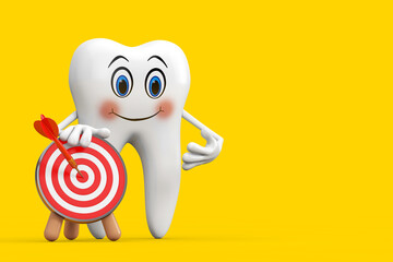 White Tooth Person Character Mascot with Archery Target and Dart in Center. 3d Rendering