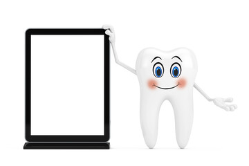 White Tooth Person Character Mascot with Blank Trade Show LCD Screen Display Stand as Template for Your Design. 3d Rendering