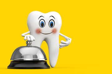 White Tooth Person Character Mascot with Hotel Service Bell Call. 3d Rendering