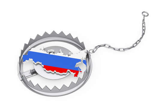 Sanction to Russia Concept. Russian Map in Colors of Russian Flag Catch in Metal Bear Trap. 3d Rendering