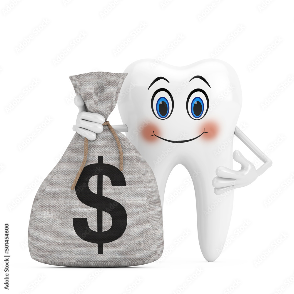 Poster white tooth person character mascot and tied rustic canvas linen money sack or money bag with dollar