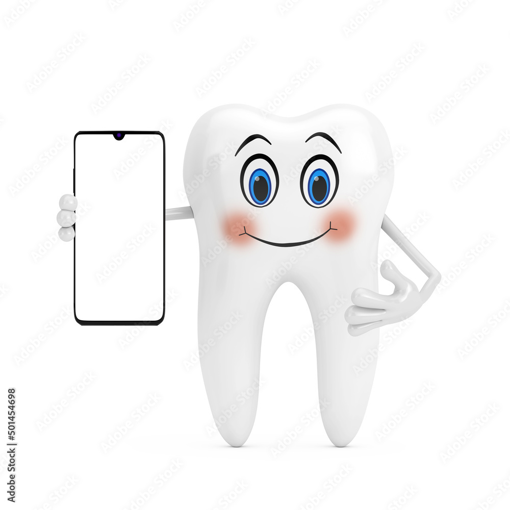 Aufkleber White Tooth Person Character Mascot and Modern Mobile Phone with Blank Screen for Your Design. 3d Rendering