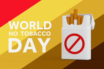 World No Tobacco Day Concept. White Cigarettes Pack with Red Prohibition Sign and World No Tobacco Day Sign. 3d Rendering