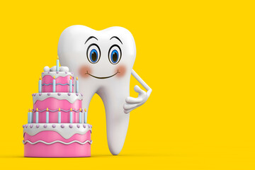 White Tooth Person Character Mascot with Birthday Cartoon Dessert Tiered Cake and Candles. 3d Rendering