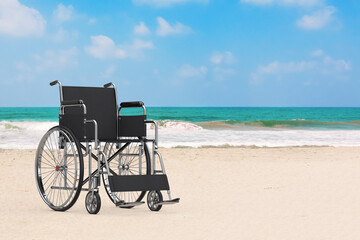 Fototapeta na wymiar Empty Wheelchair on an Ocean Beach. 3d Rendering