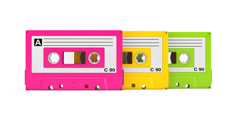 Row of Multicolor Old Vintage Audio Cassette Tapes. 3d Rendering