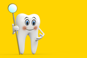 White Tooth Person Character Mascot with Dental Inspection Mirror for Teeth. 3d Rendering