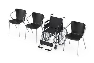 Waiting Chairs in Row With Empty Wheelchair. 3d Rendering