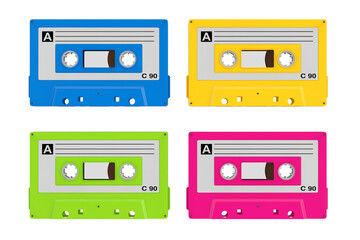 Set of Multicolor Old Vintage Audio Cassette Tapes. 3d Rendering