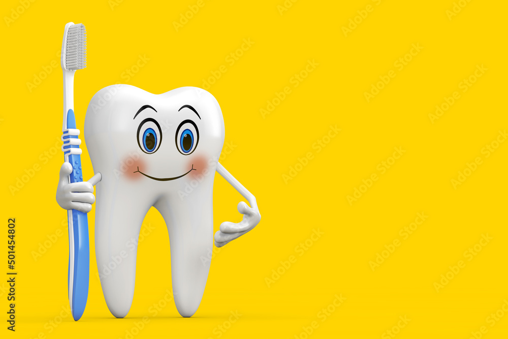 Aufkleber white tooth person character mascot with simple plastic toothbrush. 3d rendering
