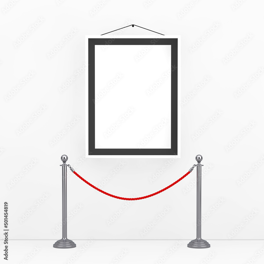 Poster museum concept. stand rope barrier in front of picture frame with free space for your design. 3d ren