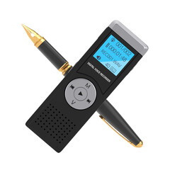 World Press Freedom Day Concept. Golden Fountain Writing Pen with Journalist Digital Voice Recorder...