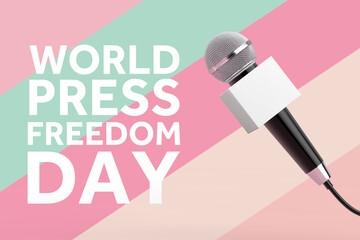 World Press Freedom Day Concept. Microphone and Blank Box with Free Space for Your Design and Press Freedom Day Sign. 3d Rendering