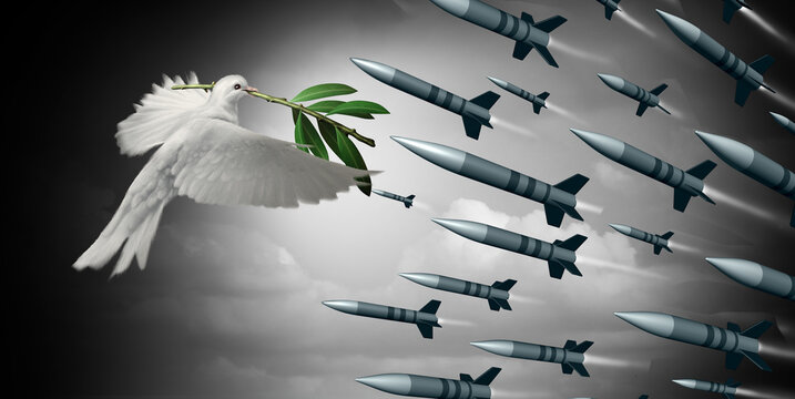 Against the war concept as a white dove holding an olive branch facing off against a group of bombs and missiles as a symbol for diplomatic agreement to avoid fighting
