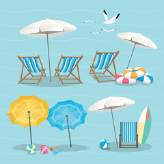 Set of umbrellas, deck chairs and beach equipment icons in pastel blue color background