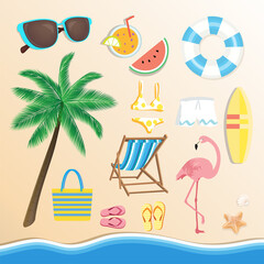 Set of colorful beach accessories and summer element vector icons