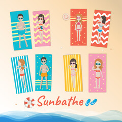 Set of cartoon characters relaxing and sunbathing at the beach, summer vacation concept