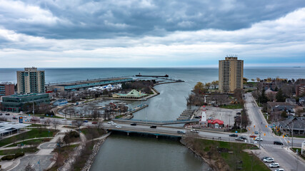 Aerial view of Port Credit at the mouth of the Credit River