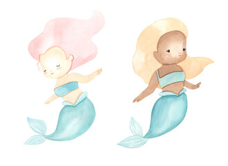 Watercolor mermaids. Ocean princess illustration for kids