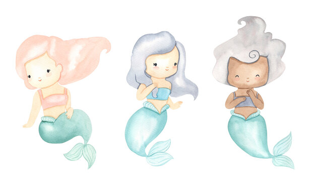 Watercolor mermaids. Ocean princess illustration for kids