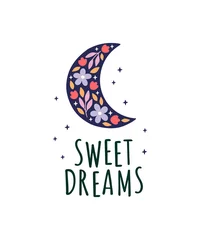 Selbstklebende Fototapeten Sweet Dreams hand drawn vector typography poster. Cute cartoon floral moon and phrase on white background. Childish adorable print for t shirt, nursery bedroom, baby shower decor. © Alena Koval