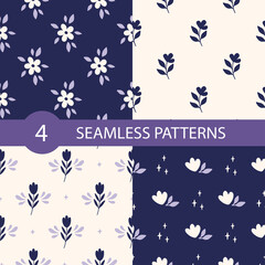 Floral vector seamless pattern set with flower, leaves. Modern drawing illustration. Botanical fabric print, digital paper, textile design, kids and baby clothes, scrapbooking, cover.