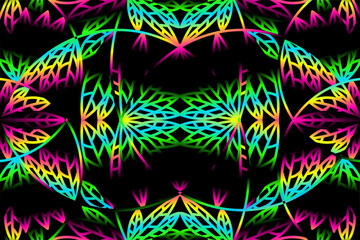 seamless colourful caleidoscope gradient flower and leaf line art pattern of indonesian culture traditional tenun batik ethnic dayak ornament for wallpaper ads background