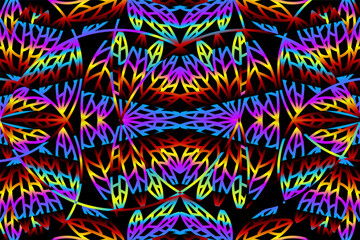 seamless colourful caleidoscope gradient flower and leaf line art pattern of indonesian culture traditional tenun batik ethnic dayak ornament for wallpaper ads background