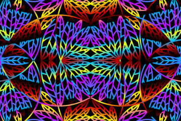 seamless colourful caleidoscope gradient flower and leaf line art pattern of indonesian culture traditional tenun batik ethnic dayak ornament for wallpaper ads background