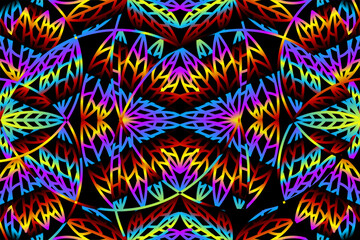 seamless colourful caleidoscope gradient flower and leaf line art pattern of indonesian culture traditional tenun batik ethnic dayak ornament for wallpaper ads background