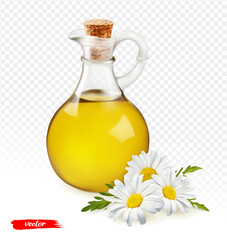Oil in a bottle with chamomile flowers on isolated background. Vector realistic chamomile oil bottle.