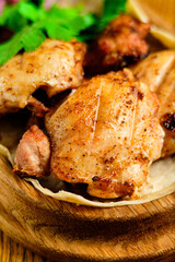 Chicken, Salmon and Meat Shish Kebabs on Parchment with Sauces Top View