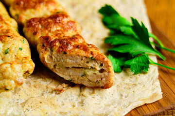 Juicy toasted kebab gyroscopic sausage Lyulya Minced