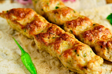 Juicy toasted kebab gyroscopic sausage Lyulya Minced