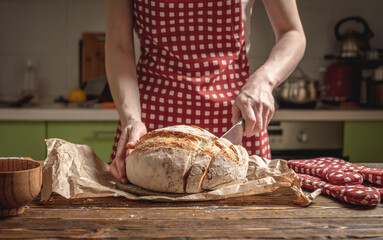 Hands cut with a knife homemade natural fresh bread with a Golden crust on wooden background. Baking bakery products