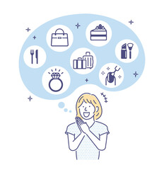 Illustration of a woman who is pleased to imagine what she wants when money comes in